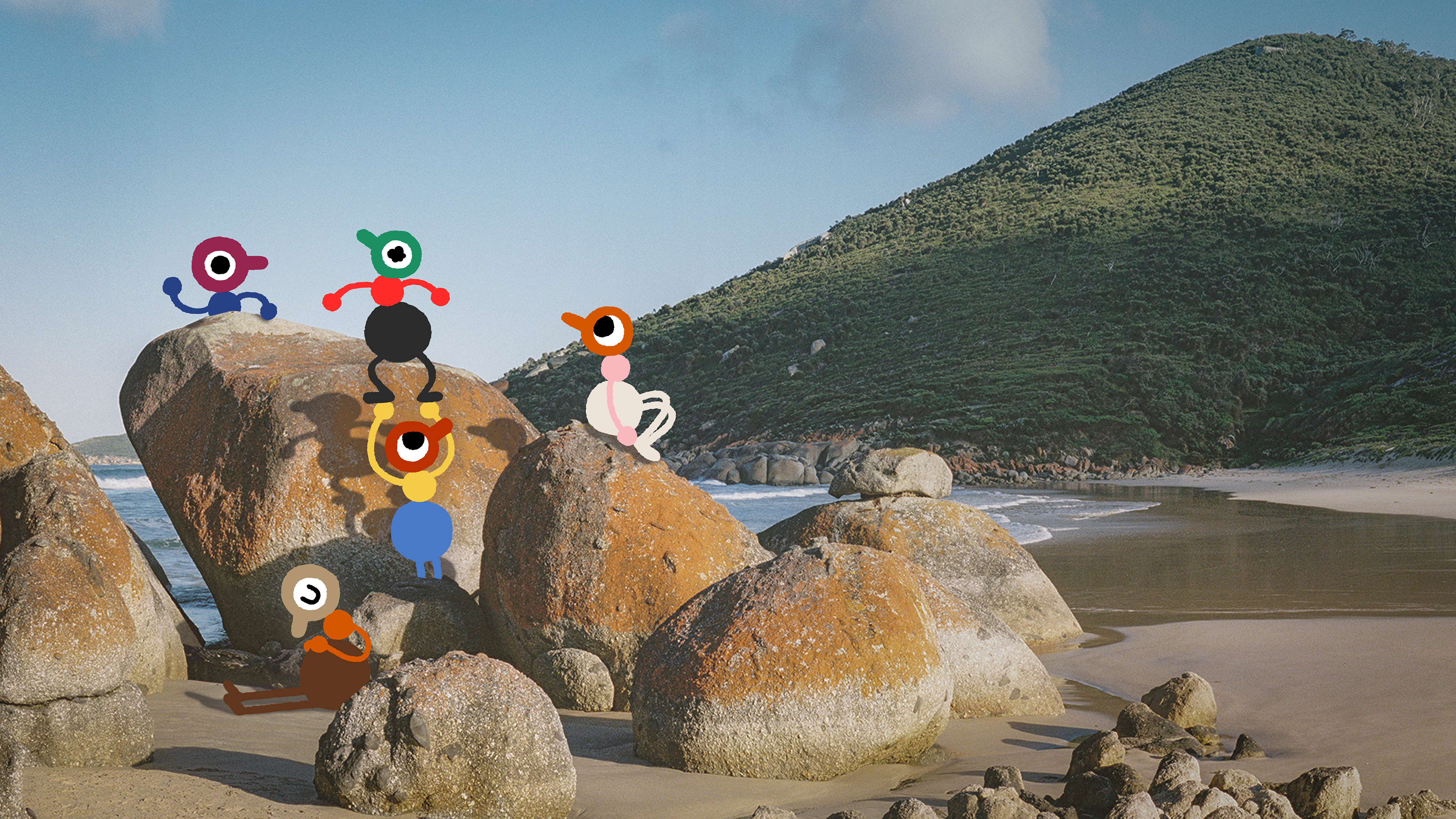 Big Walk characters exploring a bright island landscape